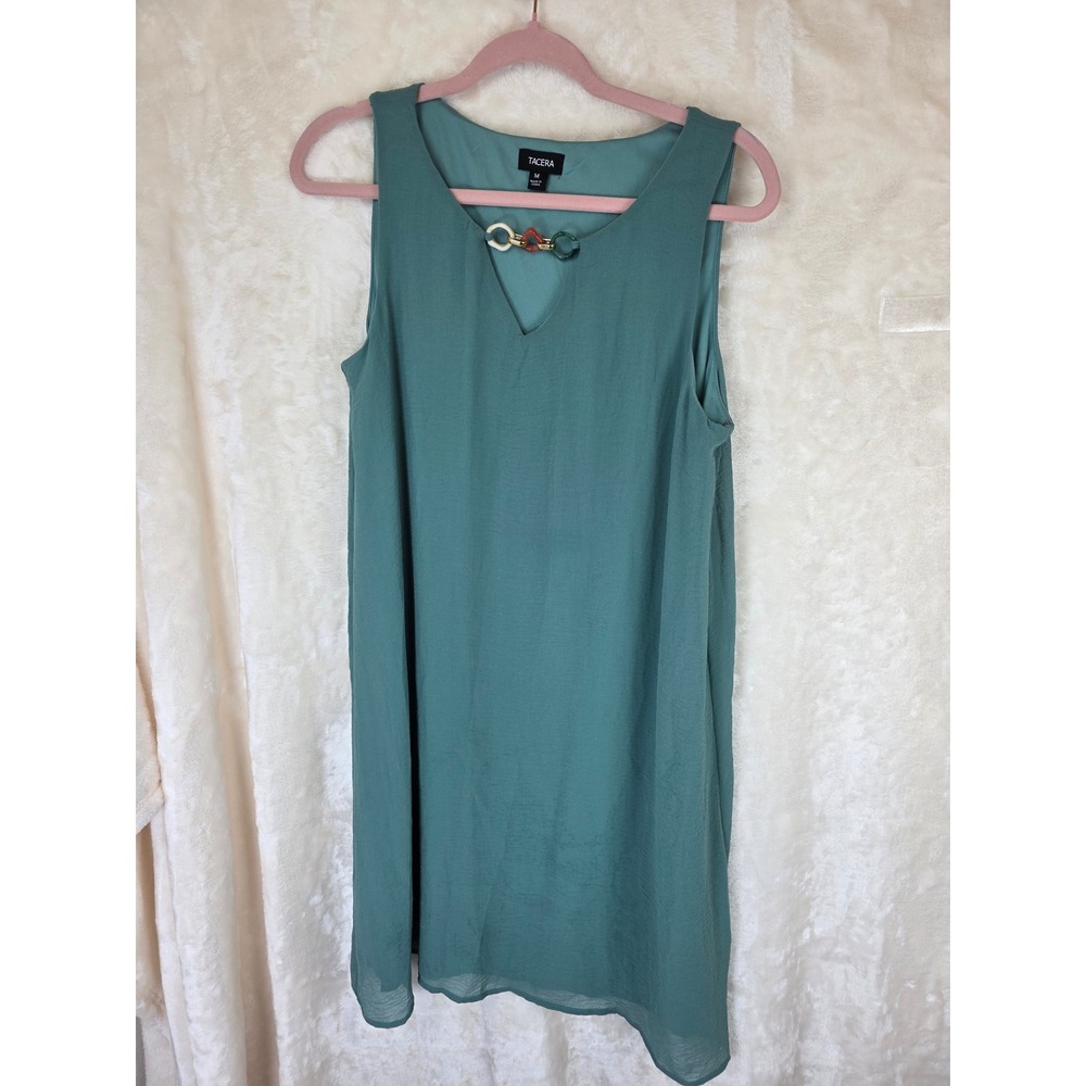 Tacera Teal Green Sleeveless Shift Dress‎ Chain Link Neck Detail Womens Medium